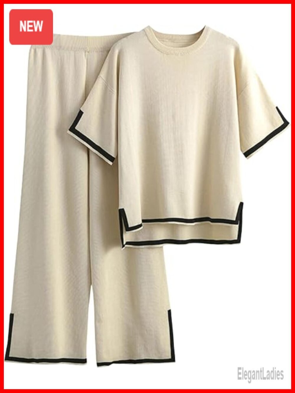 Two Piece Lounge Set - Short Sleeve Knit Pullover Top Wide Leg Pants
